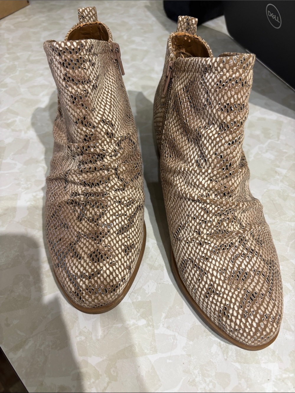 Dell Metallic Snake-Embossed Ankle Boots - Rose Gold/Tan